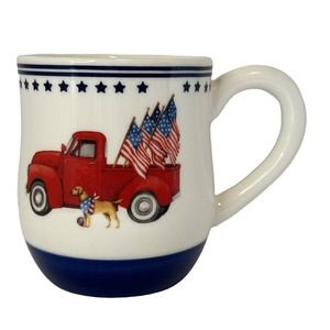 Cracker Barrel Susan Winget, Coffee Cup Stoneware, Stars & Stripes Dog Truck